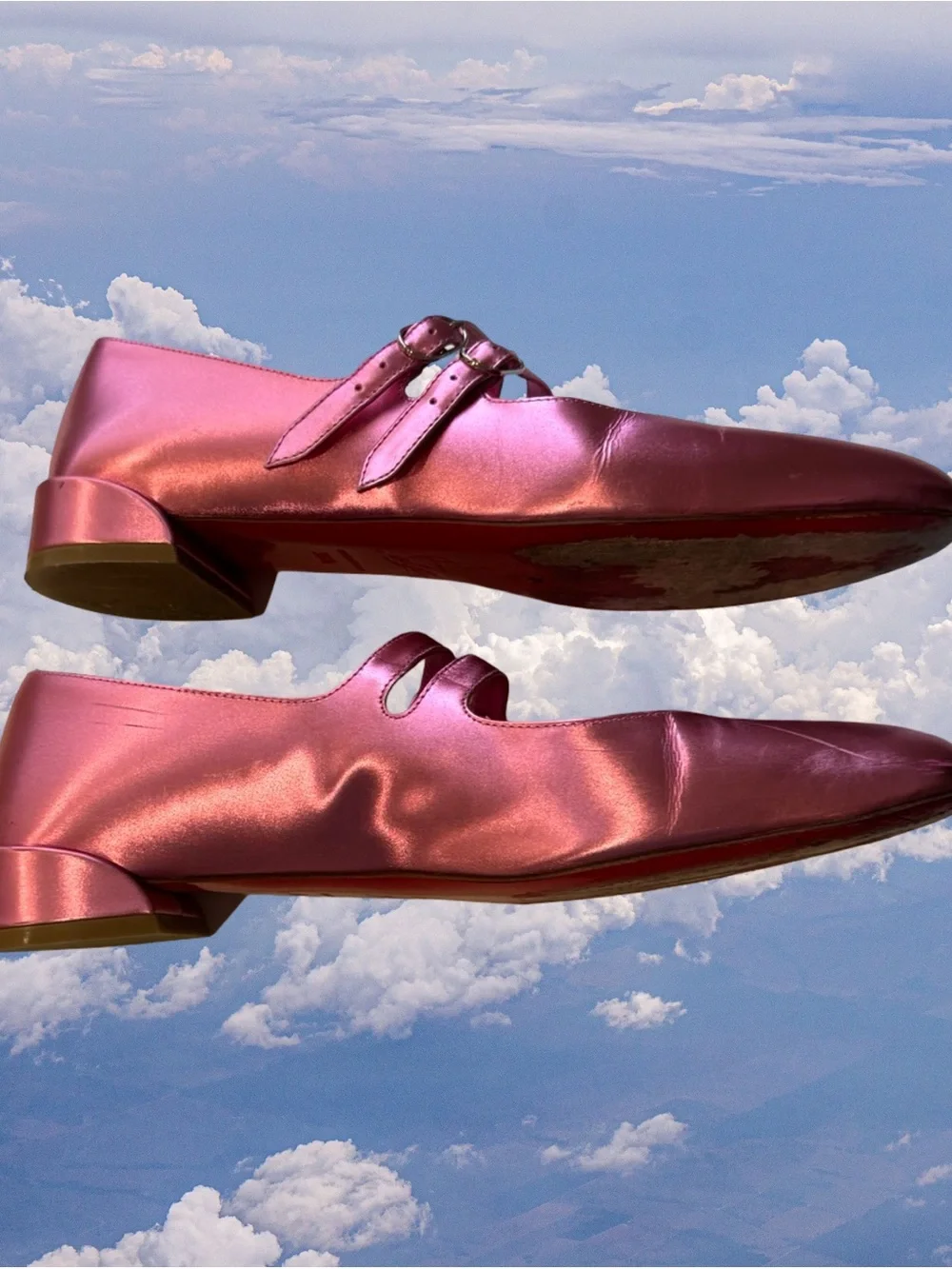 Christian Louboutin Metallic Rose Pink Double-Strap Mary Jane Flats